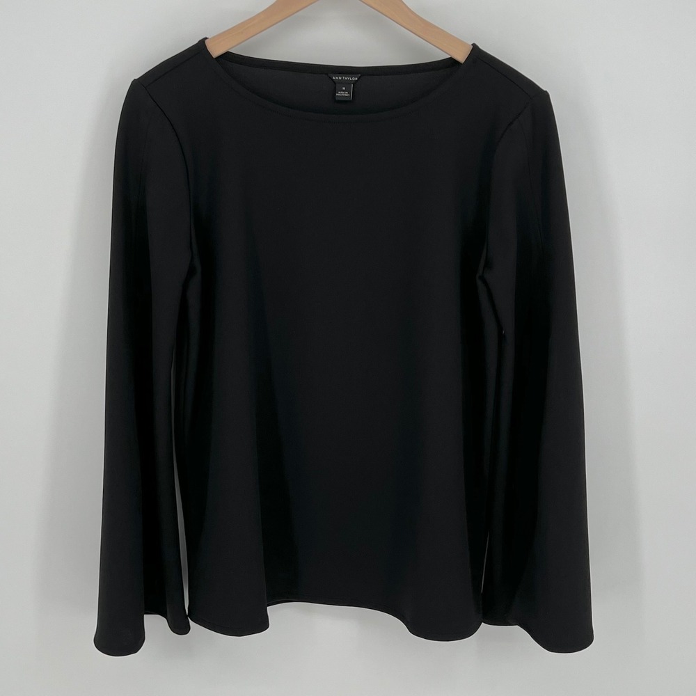 Ann Taylor Womens Split Bell Sleeve Boat Neck Blouse Top Size M Black Office